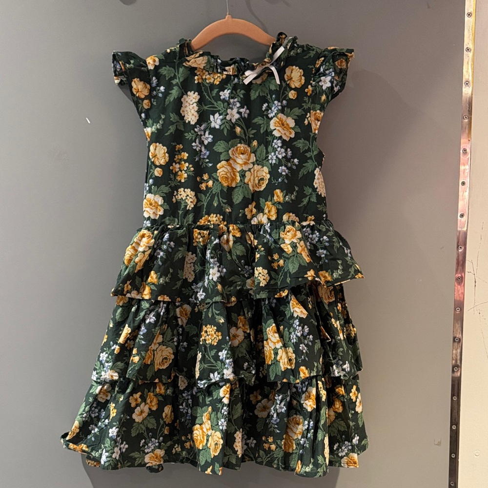 Janie and Jack Green Floral Tiered Ruffle Dress with Yellow Blooms